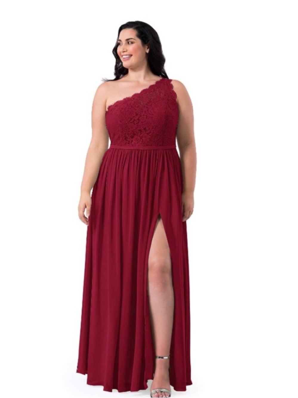 Azazie Demi A-Line One Shoulder Chiffon Floor-Length Dress Womens A18 Burgundy